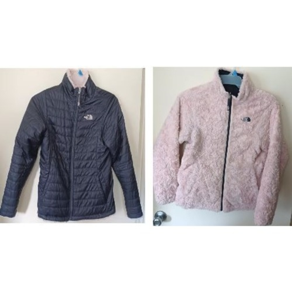 The North Face Reversible Mossbud Swirl Jacket Womens S Navy Pink Puffer Fleece